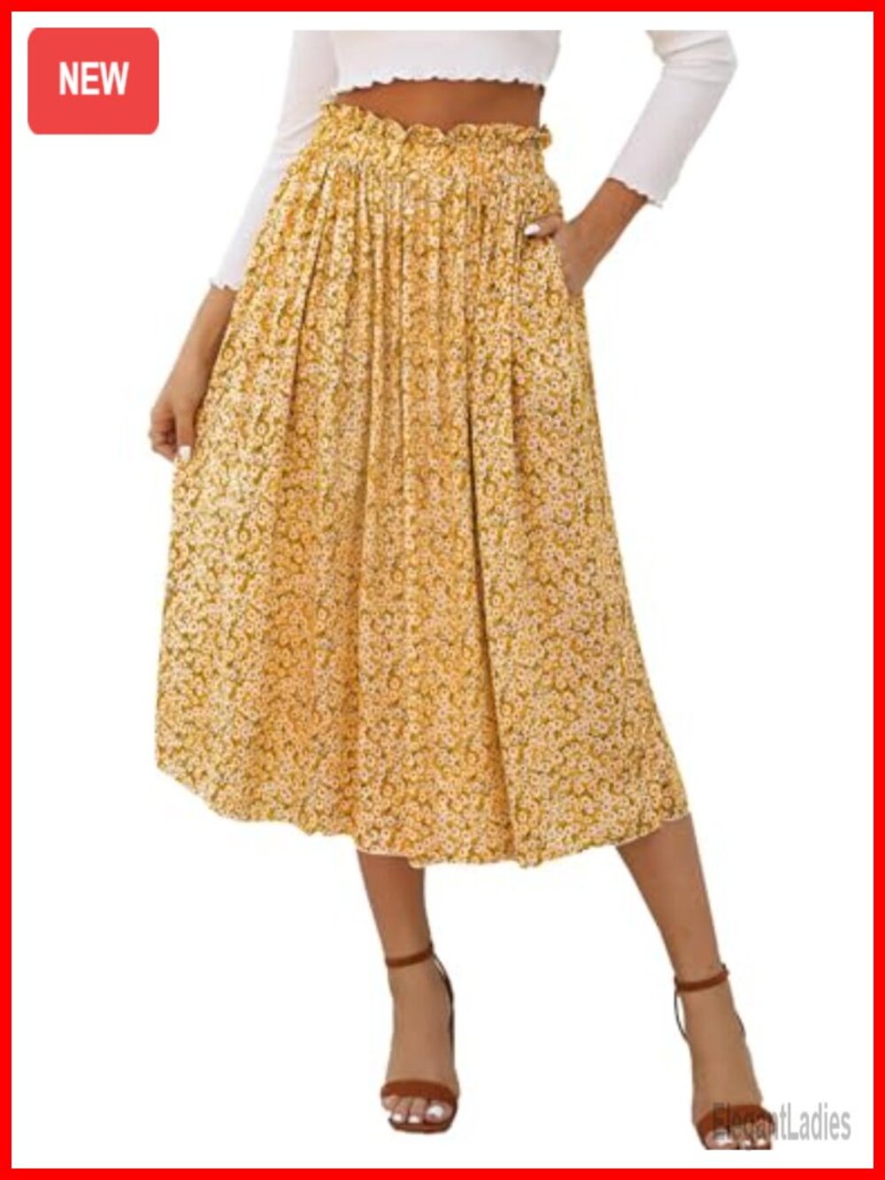 Naggoo Women's High Waisted Pleated Midi Skirt with Pockets